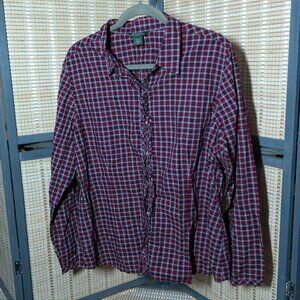 Eddie Bauer Red Plaid Button Down with Ruffle Button Placket